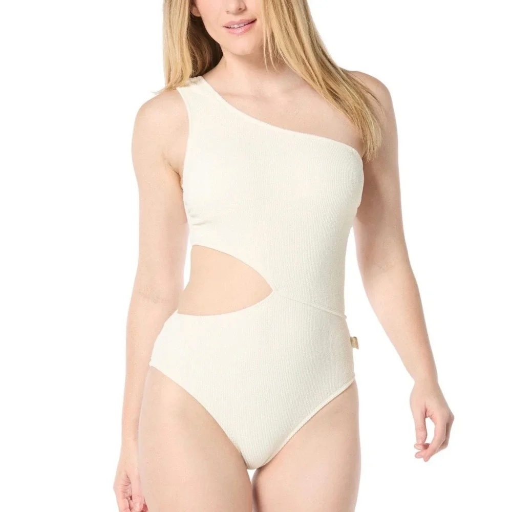 Michael Kors Womens Ivory Ribbed One Shoulder Cutout One Piece Swimsuit Size 10